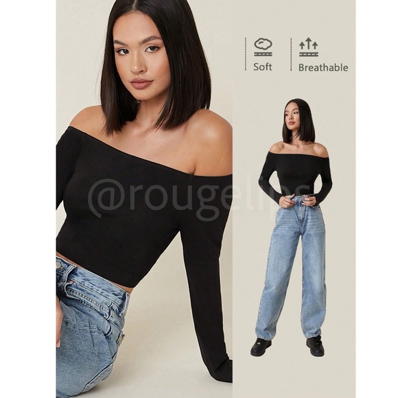 Black Off The Shoulder Long Sleeve Crop Top Fitted  Stretchy - Picture 6 of 8